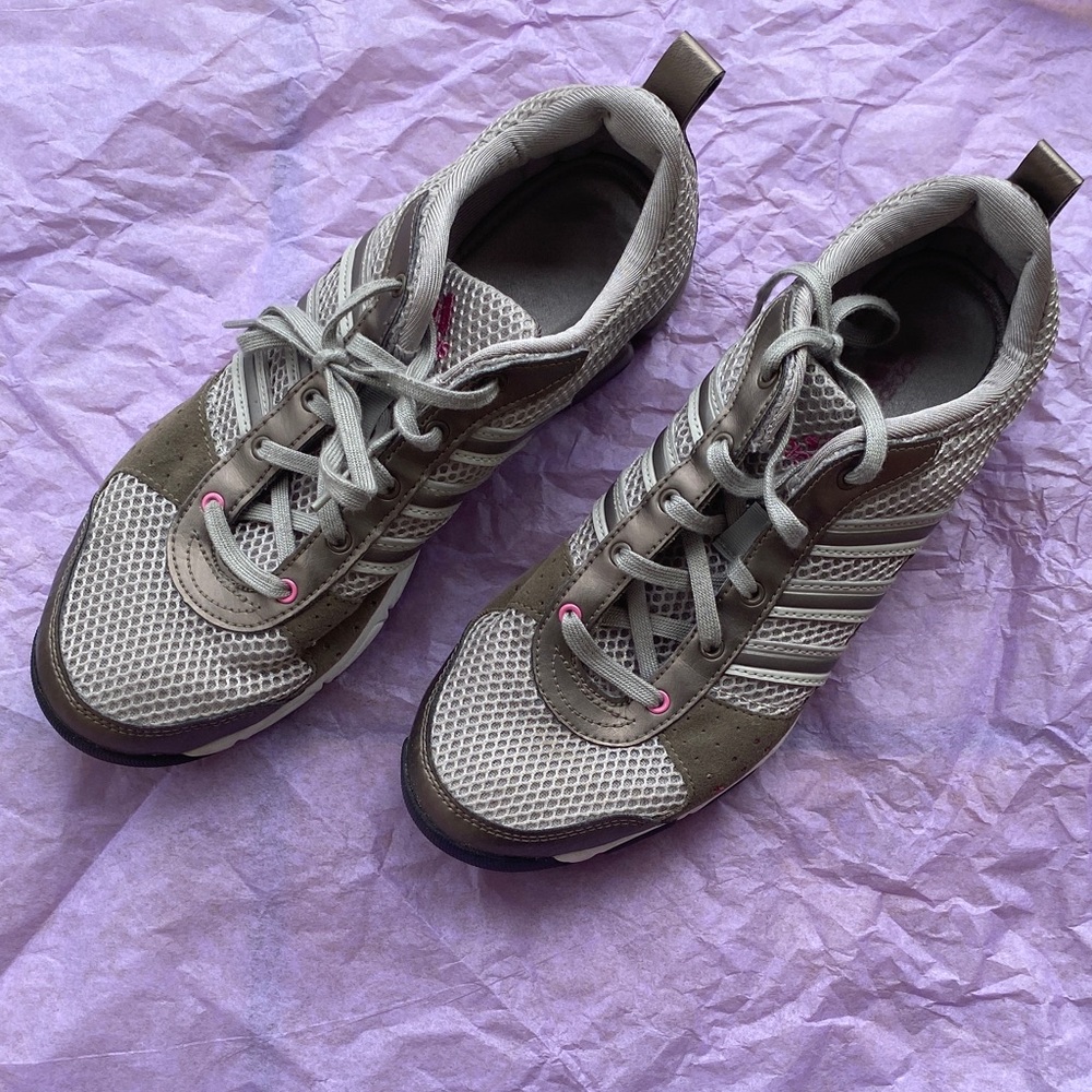 adidas Women’s Gray Mesh Athletic Sneakers with Pink Eyelets